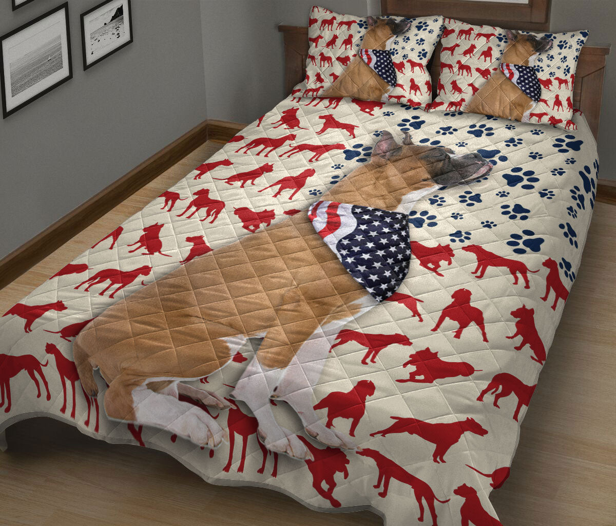 Boxer Quilt Set, American Us Flag Patriotic Boxer Dog Quilt Blanket With Pillowcases, Quilt Bedding Set