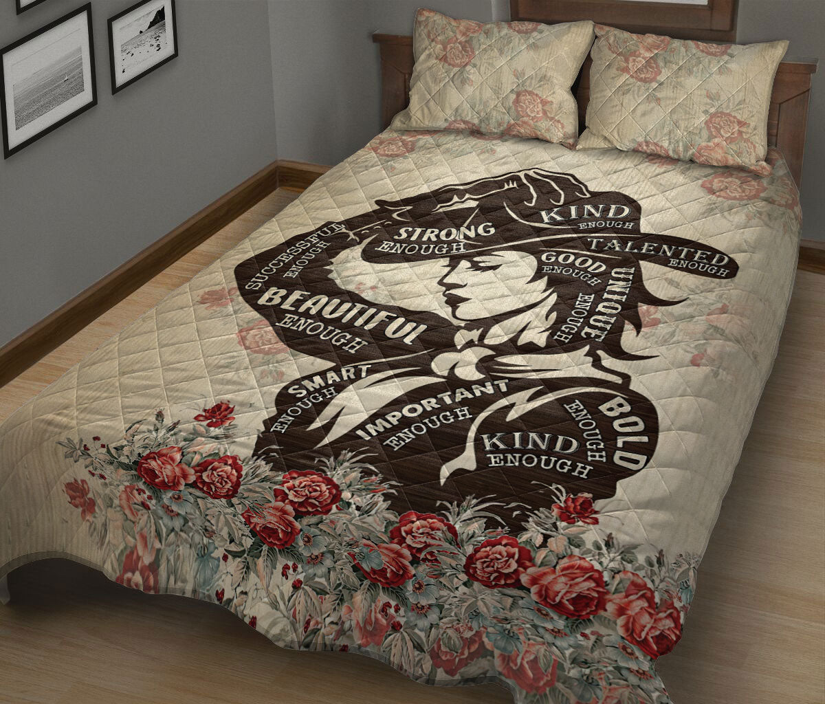 Cowgirl Quilt Set, Cowgirl Flower Beige Western Horse Quilt Blanket With Pillowcases, Quilt Bedding Set