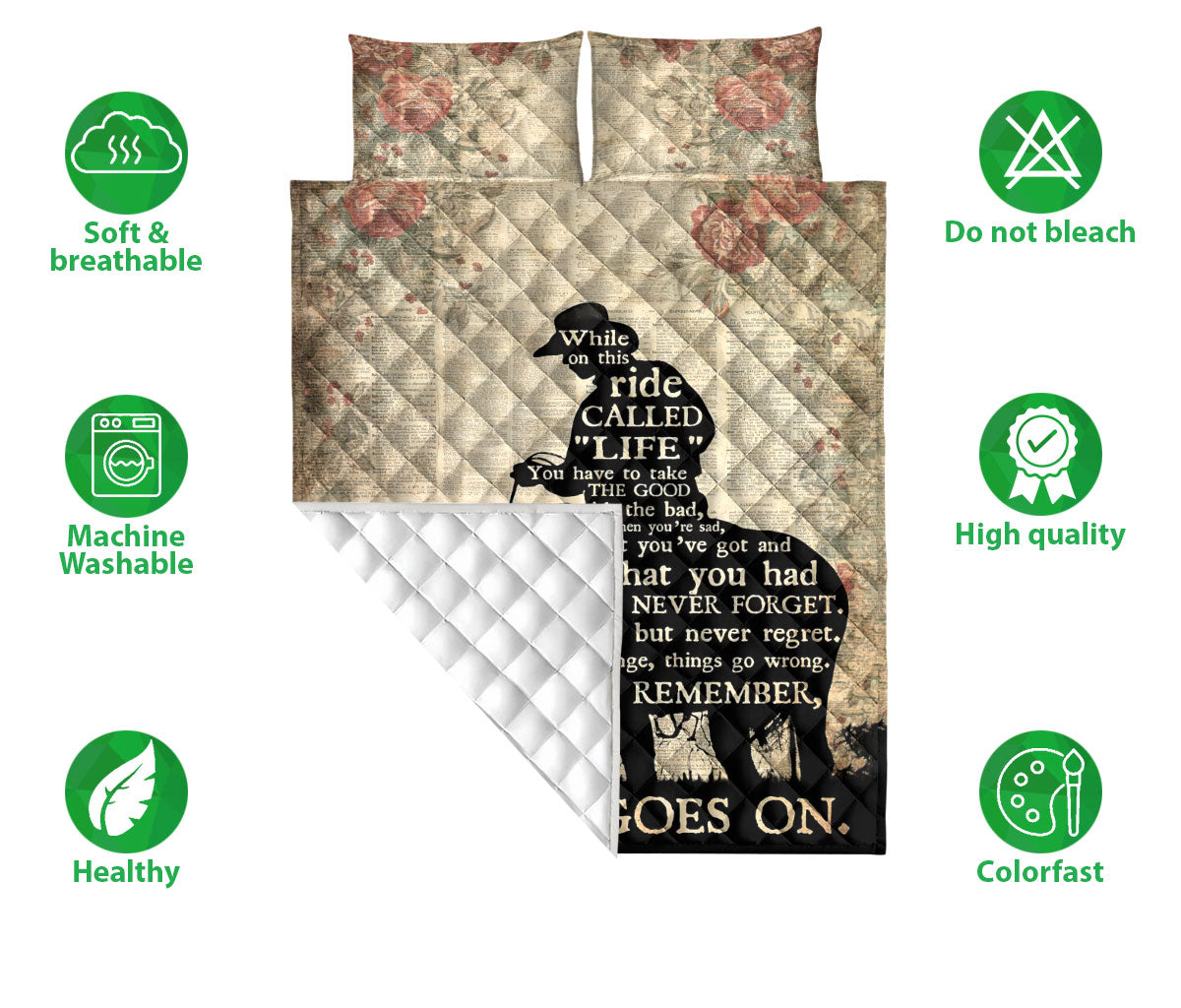 Cowboy Quilt Set, The Ride Goes On Cowboy Horse Western Quilt Blanket With Pillowcases, Quilt Bedding Set