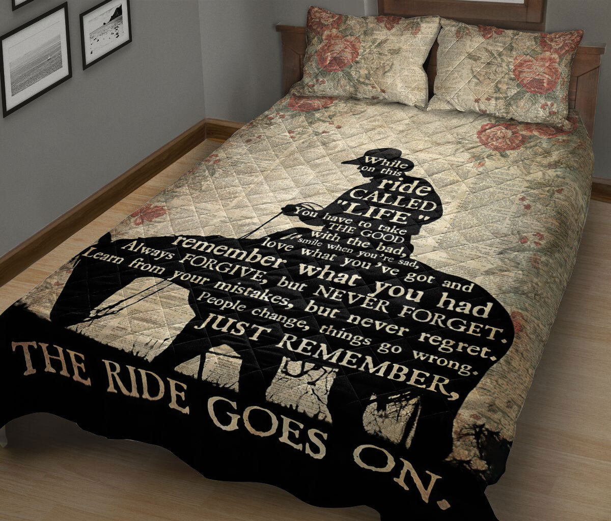 Cowboy Quilt Set, The Ride Goes On Cowboy Horse Western Quilt Blanket With Pillowcases, Quilt Bedding Set