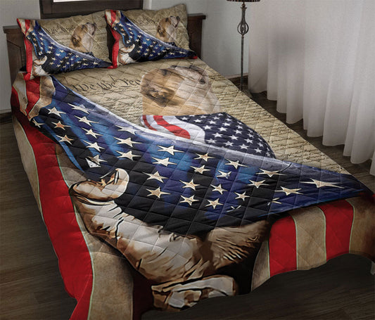 Bulldog Quilt Set, Bulldog Patriotic Dog American History Us Flag We The People Quilt Blanket With Pillowcases, Quilt Bedding Set