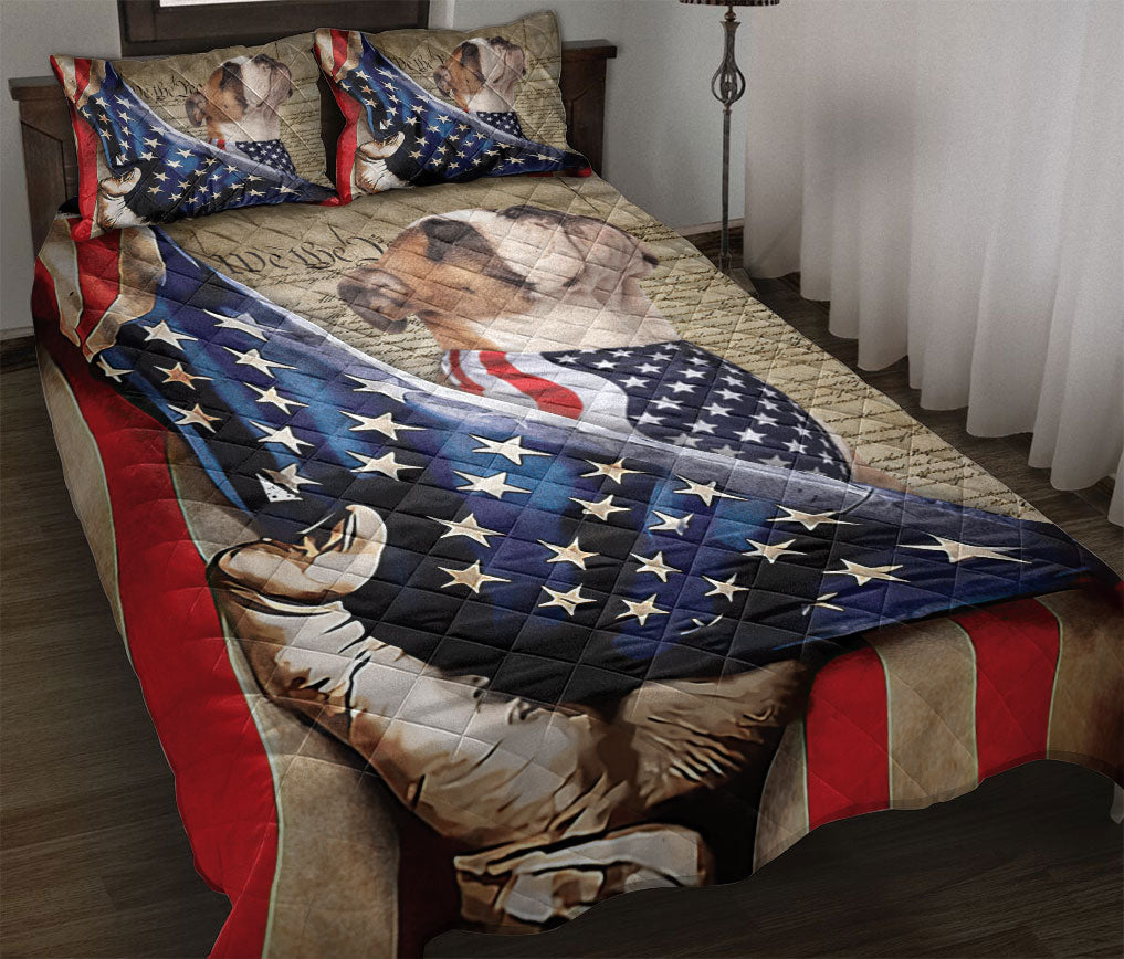Bulldog Quilt Set, English Bulldog Patriotic Dog American History Us Flag We The People Quilt Blanket With Pillowcases, Quilt Bedding Set