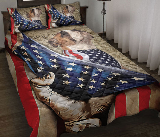 Bulldog Quilt Set, English Bulldog Patriotic Dog American History Us Flag We The People Quilt Blanket With Pillowcases, Quilt Bedding Set
