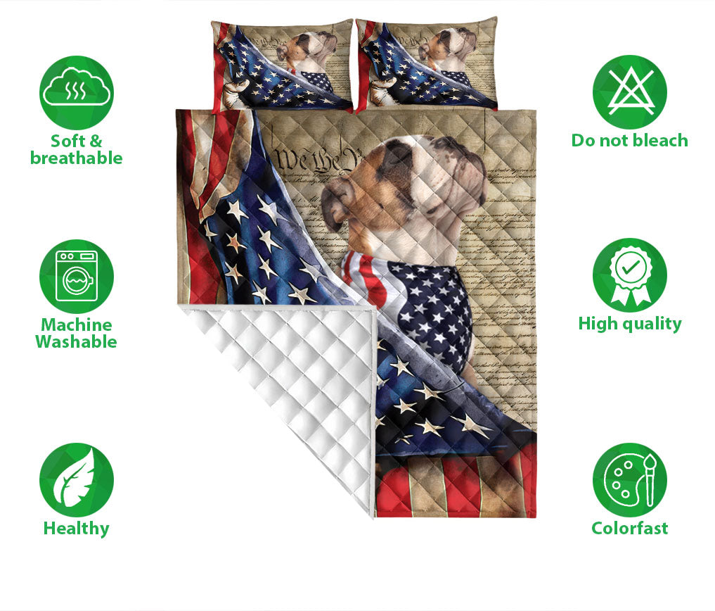 Bulldog Quilt Set, English Bulldog Patriotic Dog American History Us Flag We The People Quilt Blanket With Pillowcases, Quilt Bedding Set