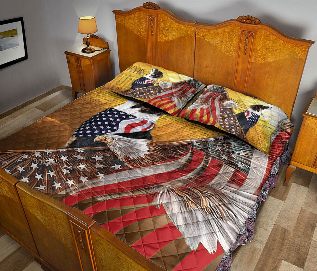 Border Collie Quilt Set, Border Collie Patriotic Dog American Eagle Us Flag We The People Quilt Blanket With Pillowcases, Quilt Bedding Set