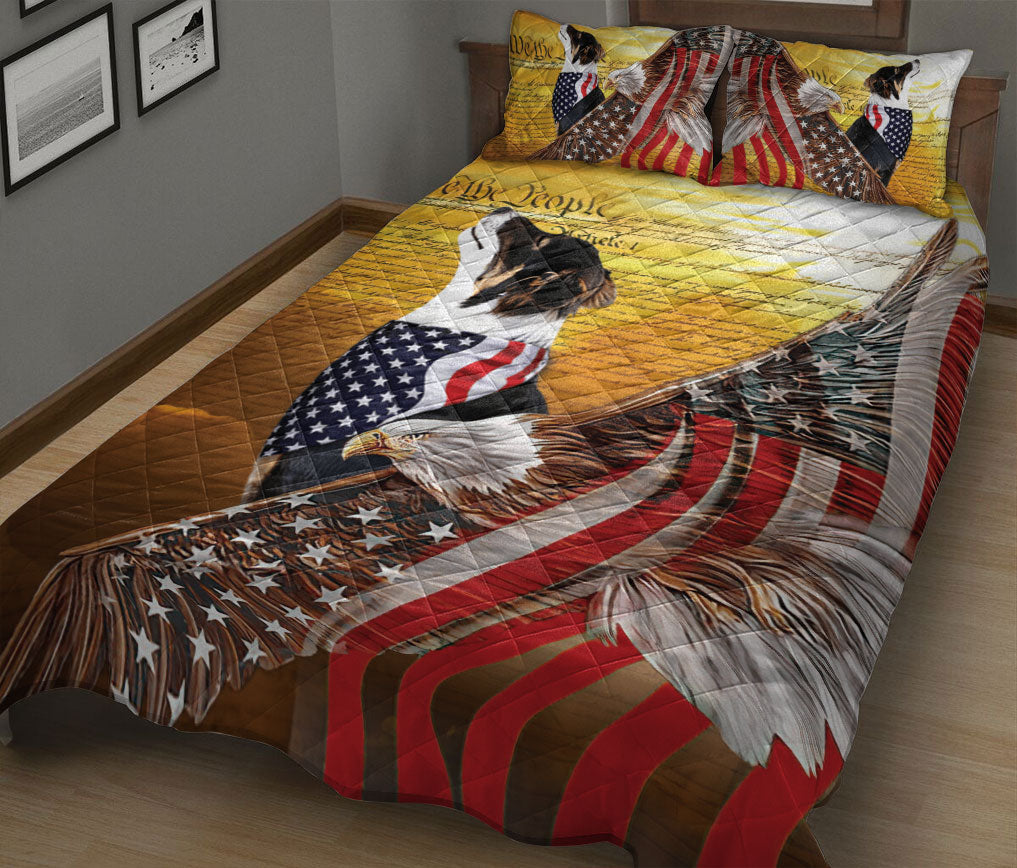 Border Collie Quilt Set, Border Collie Patriotic Dog American Eagle Us Flag We The People Quilt Blanket With Pillowcases, Quilt Bedding Set