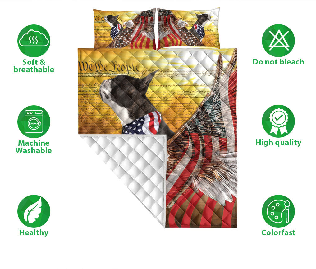 Boston Terrier Quilt Set, Boston Terrier Patriotic Dog American Eagle Us Flag We The People Quilt Blanket With Pillowcases, Quilt Bedding Set
