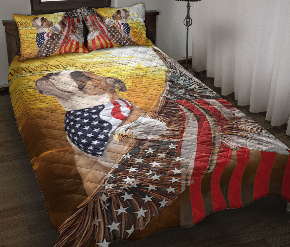Bulldog Quilt Set, English Bulldog Patriotic Dog American Eagle Us Flag We The People Quilt Blanket With Pillowcases, Quilt Bedding Set