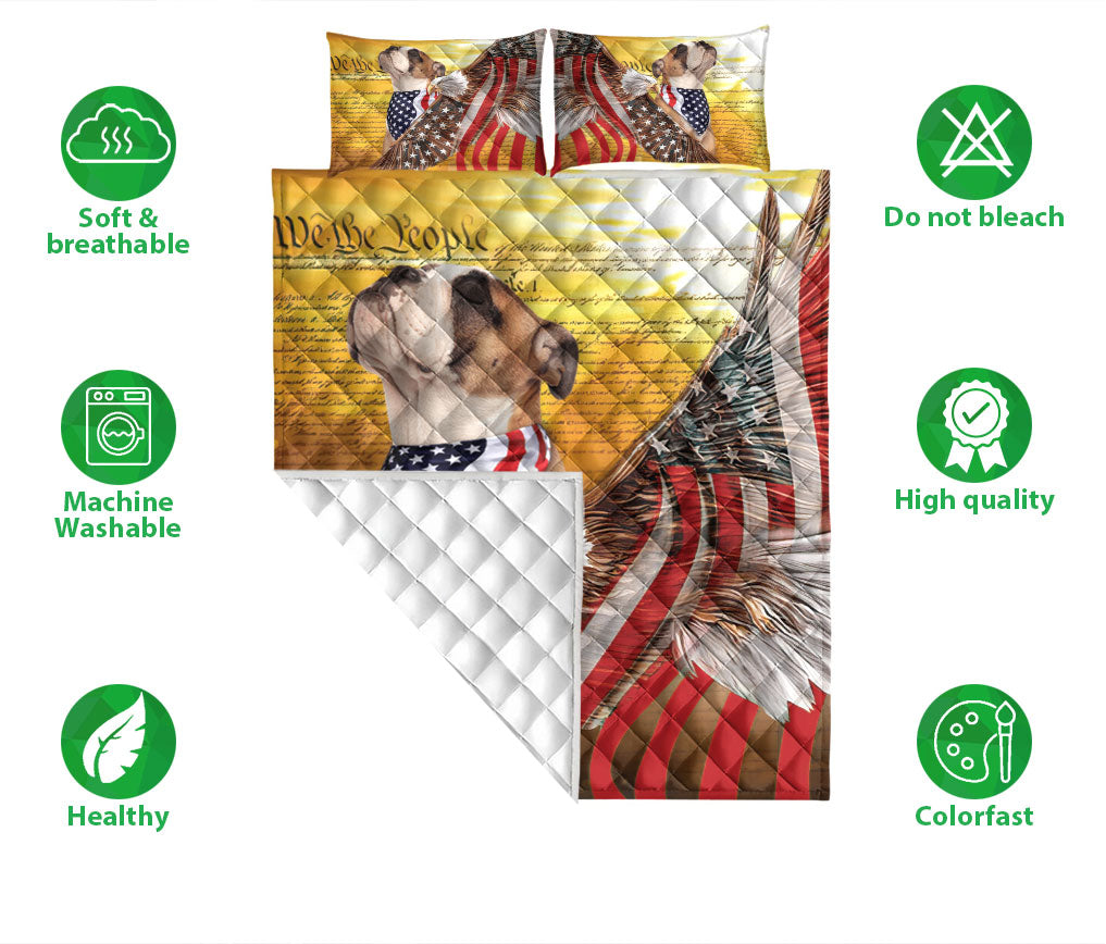 Bulldog Quilt Set, English Bulldog Patriotic Dog American Eagle Us Flag We The People Quilt Blanket With Pillowcases, Quilt Bedding Set