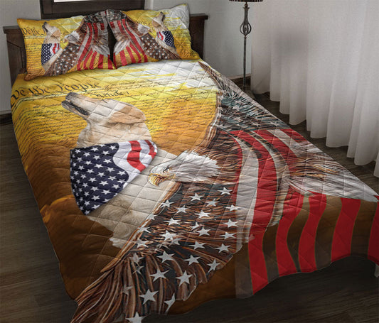 Golden Retriever Quilt Set, Golden Retriever Patriotic Dog American Eagle Us Flag We The People Quilt Blanket With Pillowcases, Quilt Bedding Set