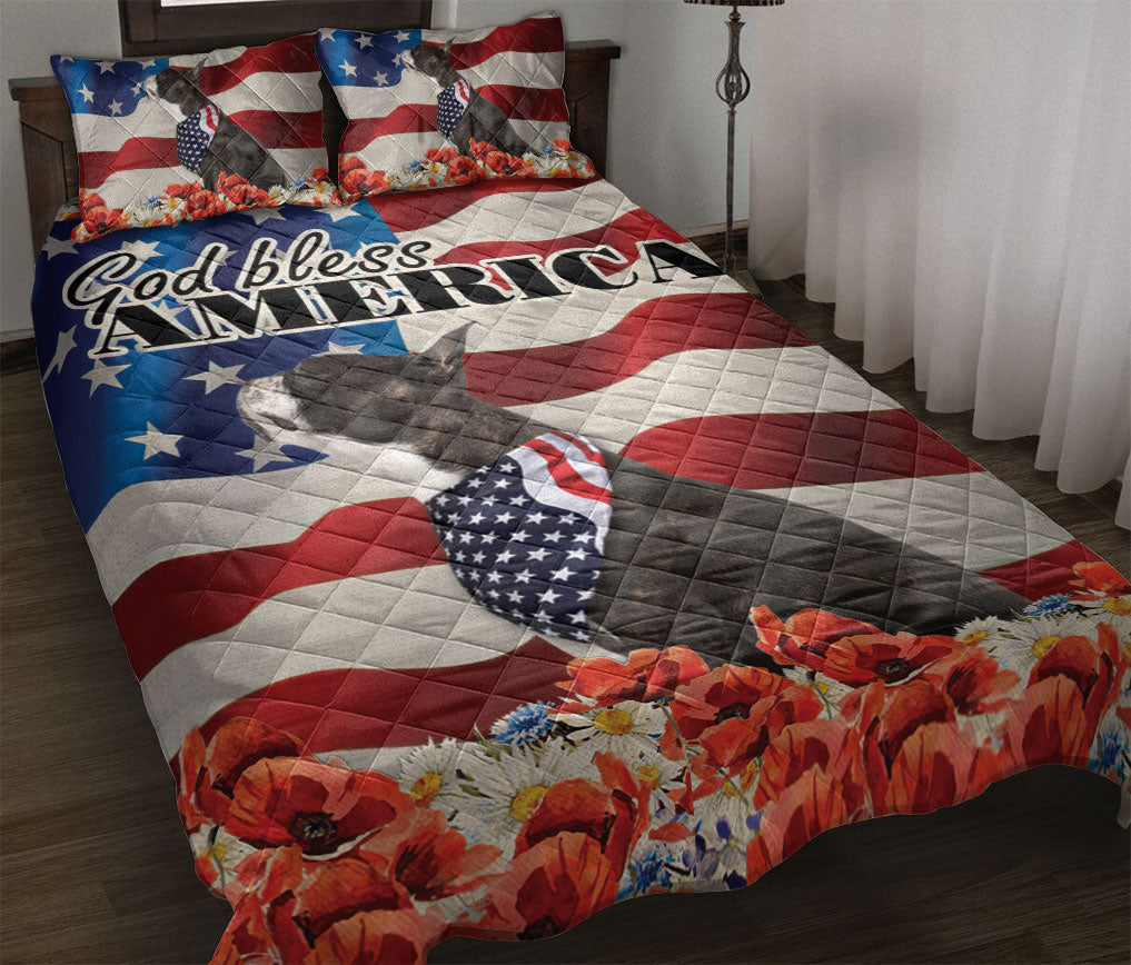 Boston Terrier Quilt Set, Boston Terrier Patriotic Dog God Bless Us Flag Quilt Blanket With Pillowcases, Quilt Bedding Set