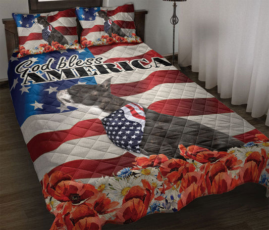 Boston Terrier Quilt Set, Boston Terrier Patriotic Dog God Bless Us Flag Quilt Blanket With Pillowcases, Quilt Bedding Set