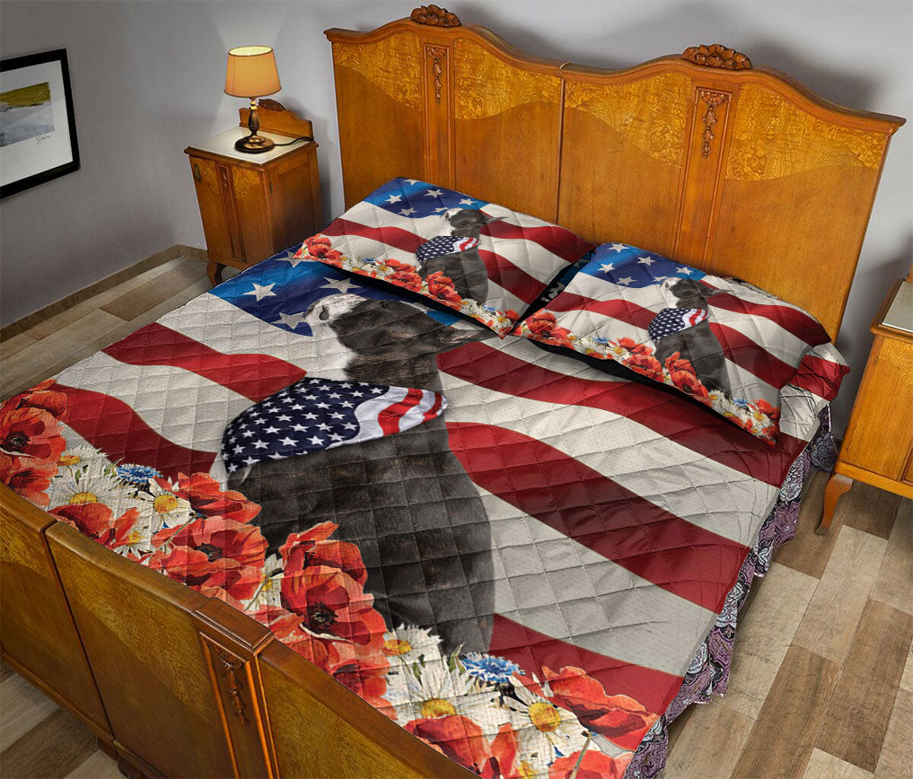 Boston Terrier Quilt Set, Boston Terrier Patriotic Dog God Bless Us Flag Quilt Blanket With Pillowcases, Quilt Bedding Set