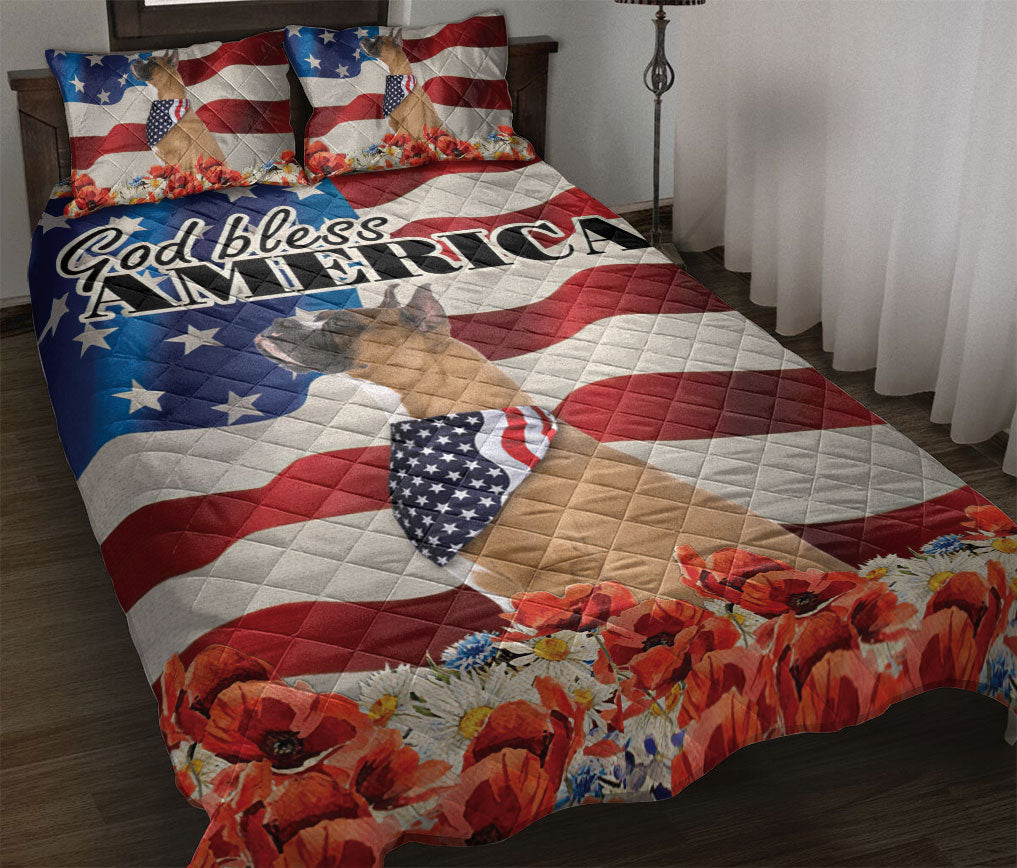 Boxer Quilt Set, Boxer Patriotic Dog God Bless Us Flag Quilt Blanket With Pillowcases, Quilt Bedding Set