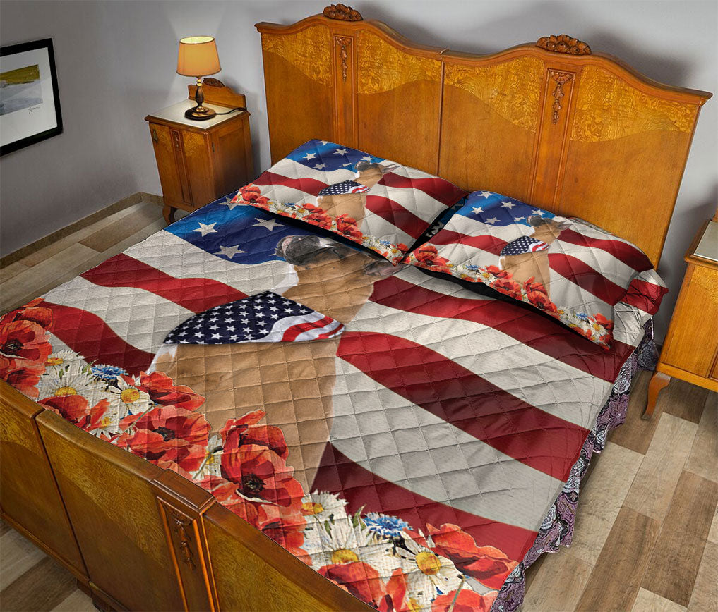 Boxer Quilt Set, Boxer Patriotic Dog God Bless Us Flag Quilt Blanket With Pillowcases, Quilt Bedding Set