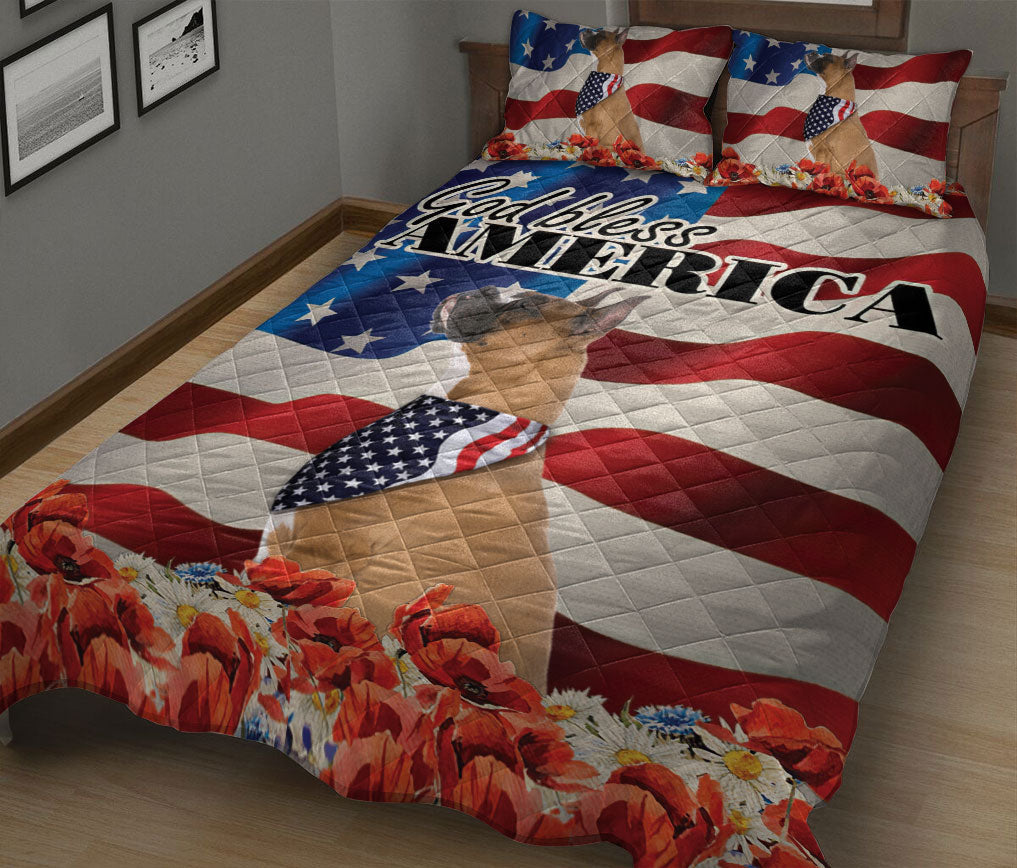 Boxer Quilt Set, Boxer Patriotic Dog God Bless Us Flag Quilt Blanket With Pillowcases, Quilt Bedding Set