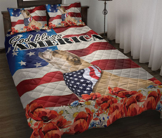 Bulldog Quilt Set, Bulldog Patriotic Dog God Bless Us Flag Quilt Blanket With Pillowcases, Quilt Bedding Set
