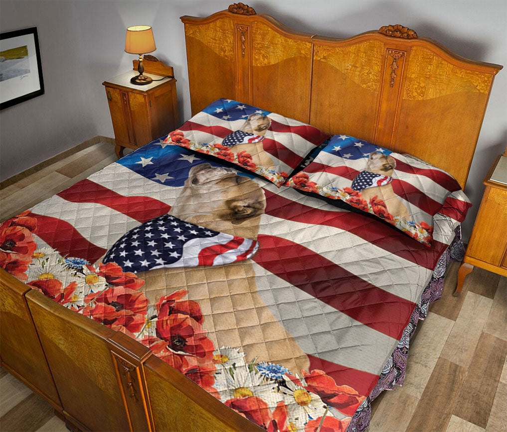 Bulldog Quilt Set, Bulldog Patriotic Dog God Bless Us Flag Quilt Blanket With Pillowcases, Quilt Bedding Set