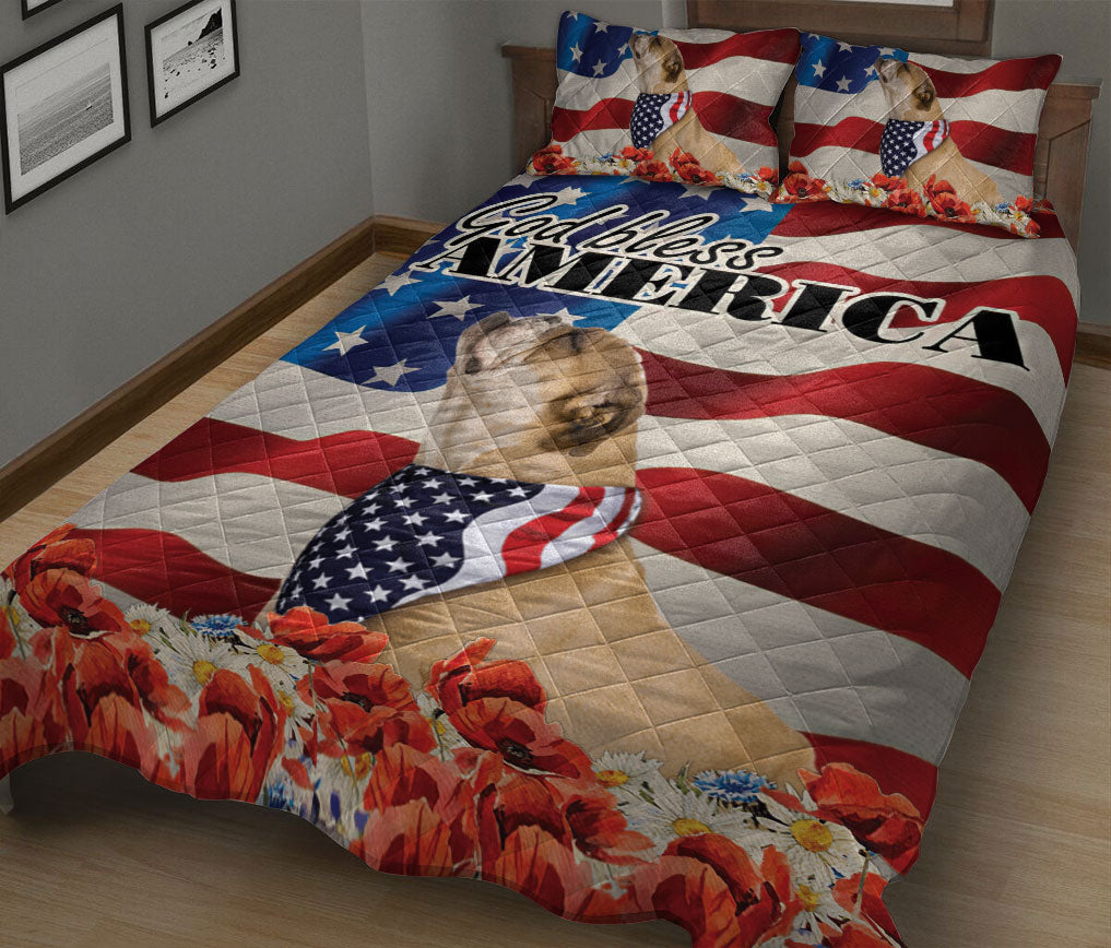 Bulldog Quilt Set, Bulldog Patriotic Dog God Bless Us Flag Quilt Blanket With Pillowcases, Quilt Bedding Set