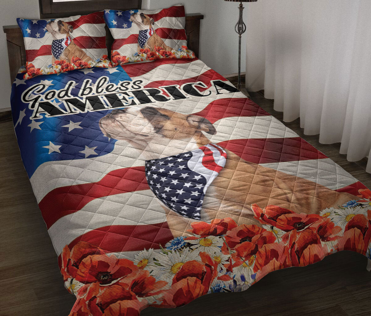 Bulldog Quilt Set, English Bulldog Patriotic Dog God Bless Us Flag Quilt Blanket With Pillowcases, Quilt Bedding Set