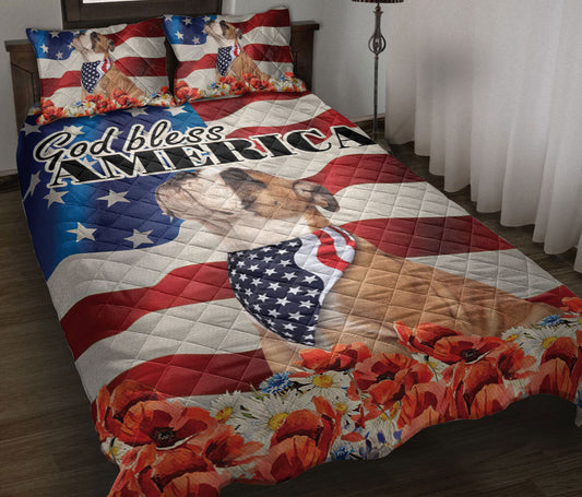 Bulldog Quilt Set, English Bulldog Patriotic Dog God Bless Us Flag Quilt Blanket With Pillowcases, Quilt Bedding Set