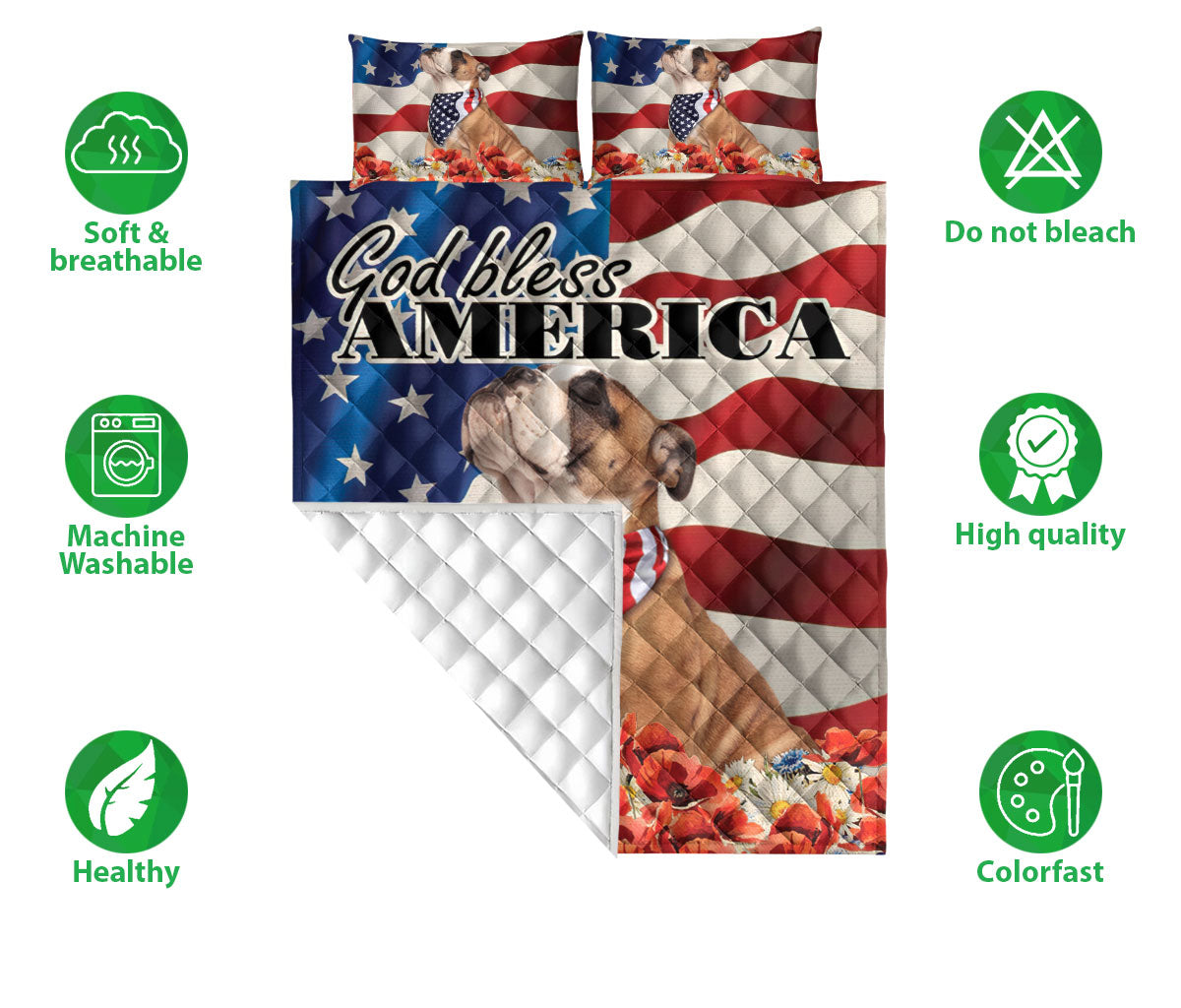 Bulldog Quilt Set, English Bulldog Patriotic Dog God Bless Us Flag Quilt Blanket With Pillowcases, Quilt Bedding Set