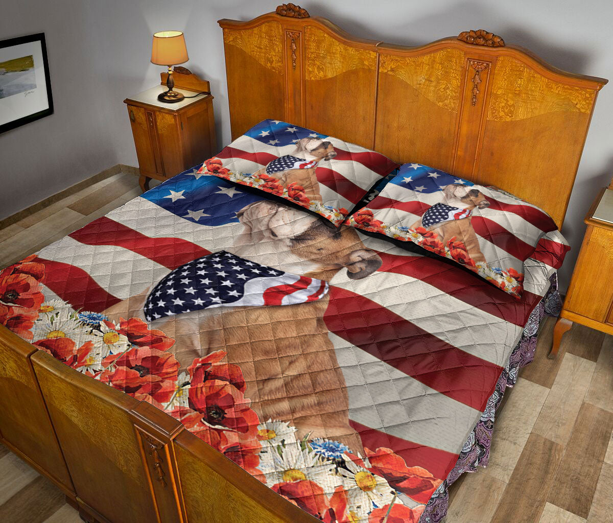 Bulldog Quilt Set, English Bulldog Patriotic Dog God Bless Us Flag Quilt Blanket With Pillowcases, Quilt Bedding Set