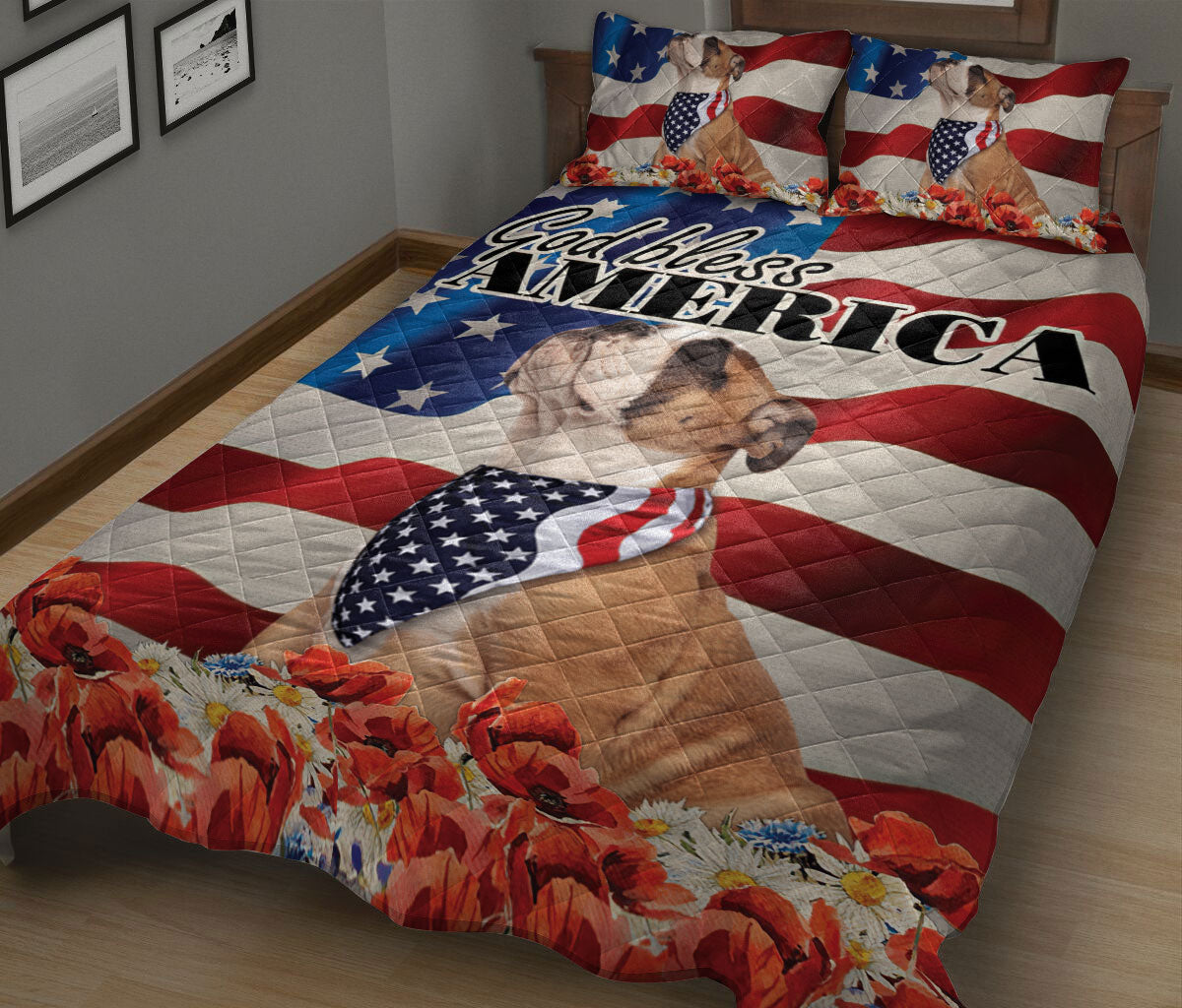 Bulldog Quilt Set, English Bulldog Patriotic Dog God Bless Us Flag Quilt Blanket With Pillowcases, Quilt Bedding Set