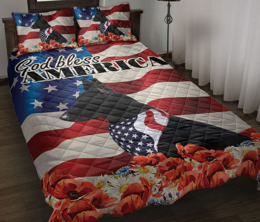 German Shepherd Quilt Set, Black German Shepherd Patriotic Dog God Bless Us Flag Quilt Blanket With Pillowcases, Quilt Bedding Set