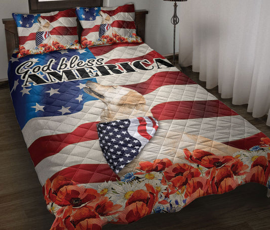 Golden Retriever Quilt Set, Golden Retriever Patriotic Dog God Bless Us Flag Quilt Blanket With Pillowcases, Quilt Bedding Set