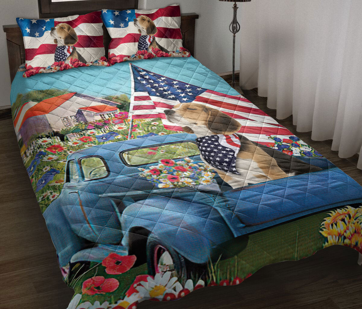 Beagle Quilt Set, Beagle In Car Patriotic Dog Us Flag Flower Spring Country Road Quilt Blanket With Pillowcases, Quilt Bedding Set