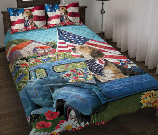 Beagle Quilt Set, Beagle In Car Patriotic Dog Us Flag Flower Spring Country Road Quilt Blanket With Pillowcases, Quilt Bedding Set