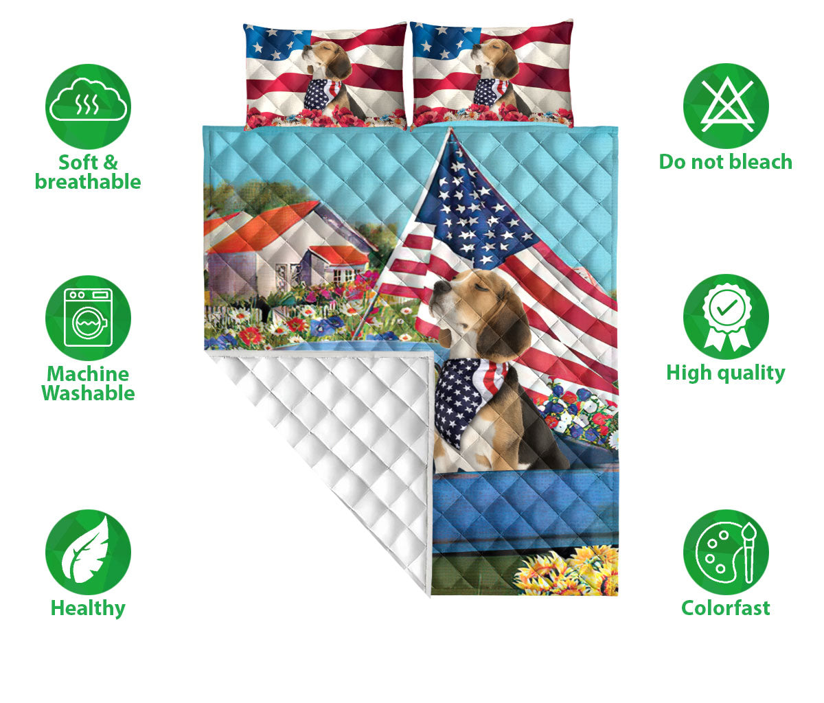 Beagle Quilt Set, Beagle In Car Patriotic Dog Us Flag Flower Spring Country Road Quilt Blanket With Pillowcases, Quilt Bedding Set