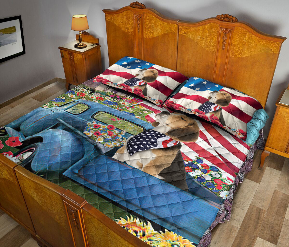 Beagle Quilt Set, Beagle In Car Patriotic Dog Us Flag Flower Spring Country Road Quilt Blanket With Pillowcases, Quilt Bedding Set