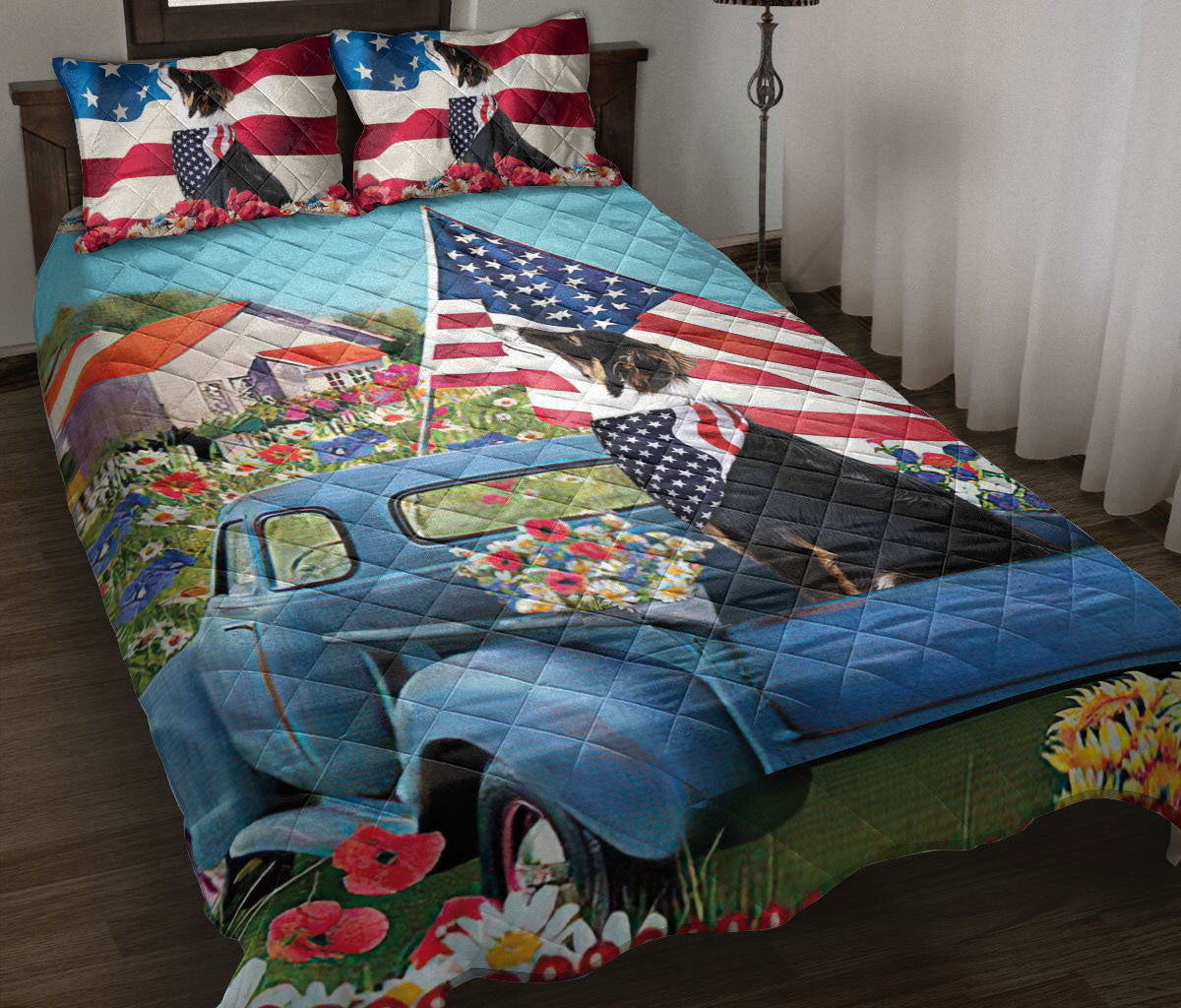 Border Collie Quilt Set, Border Collie In Car Patriotic Dog Us Flag Flower Country Road Quilt Blanket With Pillowcases, Quilt Bedding Set