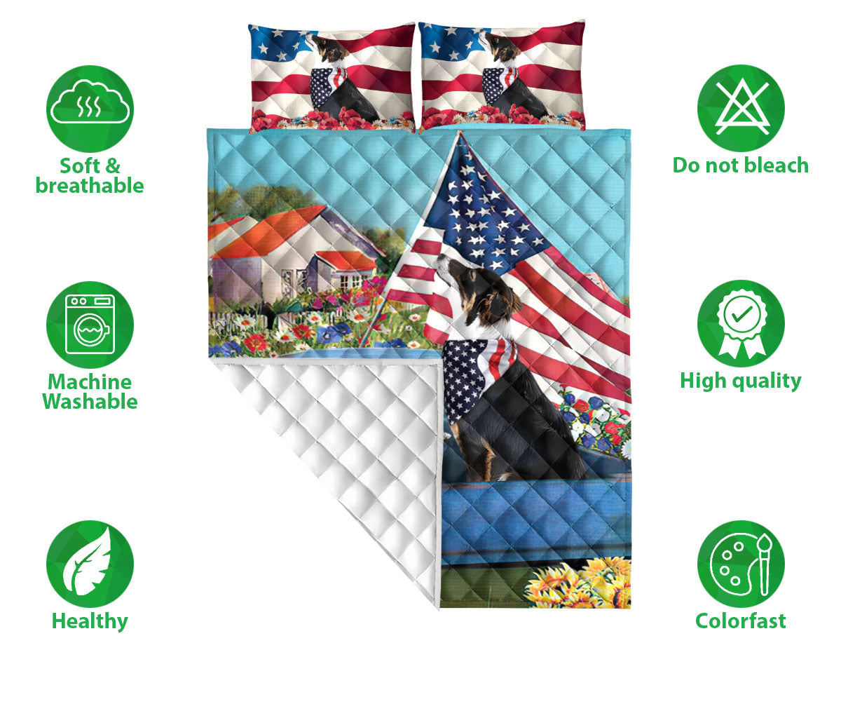 Border Collie Quilt Set, Border Collie In Car Patriotic Dog Us Flag Flower Country Road Quilt Blanket With Pillowcases, Quilt Bedding Set