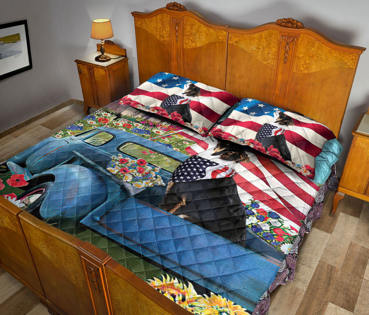 Border Collie Quilt Set, Border Collie In Car Patriotic Dog Us Flag Flower Country Road Quilt Blanket With Pillowcases, Quilt Bedding Set