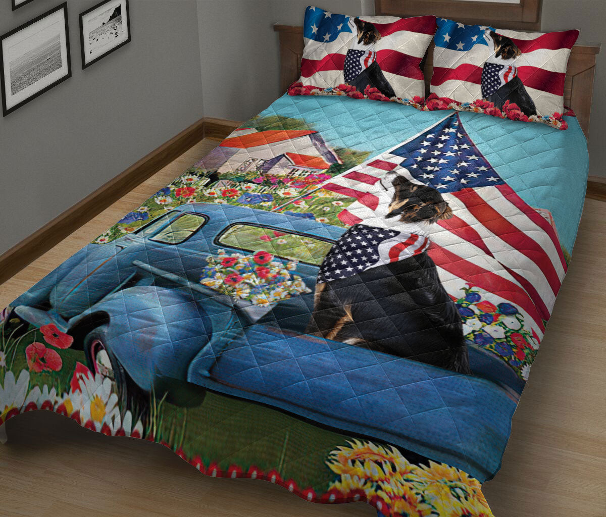 Border Collie Quilt Set, Border Collie In Car Patriotic Dog Us Flag Flower Country Road Quilt Blanket With Pillowcases, Quilt Bedding Set