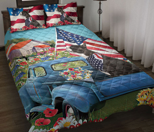 Boston Terrier Quilt Set, Boston Terrier In Car Patriotic Dog Us Flag Flower Spring Country Road Quilt Blanket With Pillowcases, Quilt Bedding Set