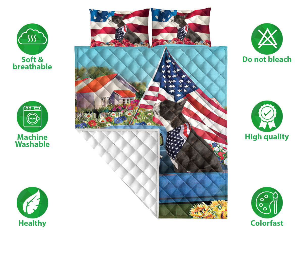 Boston Terrier Quilt Set, Boston Terrier In Car Patriotic Dog Us Flag Flower Spring Country Road Quilt Blanket With Pillowcases, Quilt Bedding Set