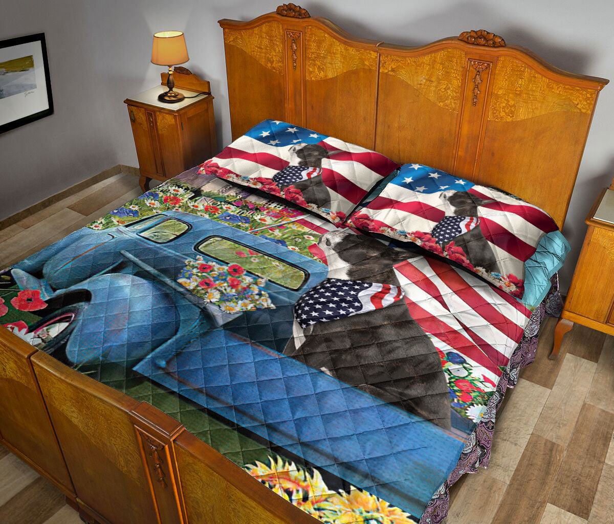 Boston Terrier Quilt Set, Boston Terrier In Car Patriotic Dog Us Flag Flower Spring Country Road Quilt Blanket With Pillowcases, Quilt Bedding Set