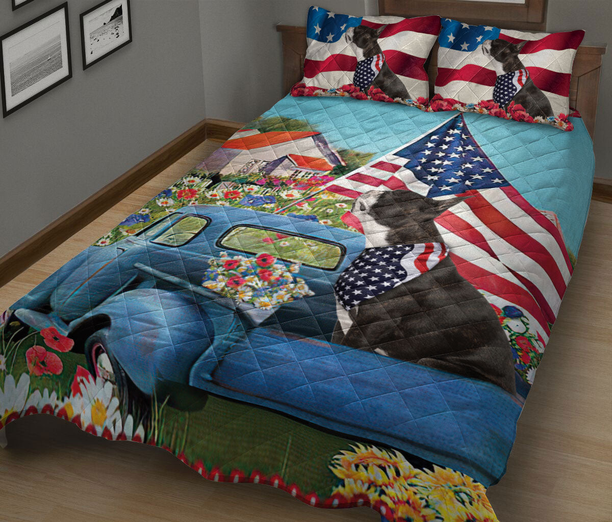 Boston Terrier Quilt Set, Boston Terrier In Car Patriotic Dog Us Flag Flower Spring Country Road Quilt Blanket With Pillowcases, Quilt Bedding Set