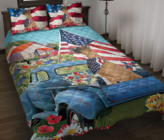 Boxer Quilt Set, Boxer In Car Patriotic Dog Us Flag Flower Spring Country Road Quilt Blanket With Pillowcases, Quilt Bedding Set