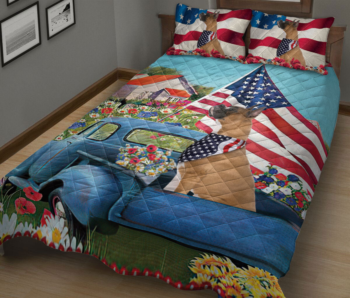 Boxer Quilt Set, Boxer In Car Patriotic Dog Us Flag Flower Spring Country Road Quilt Blanket With Pillowcases, Quilt Bedding Set