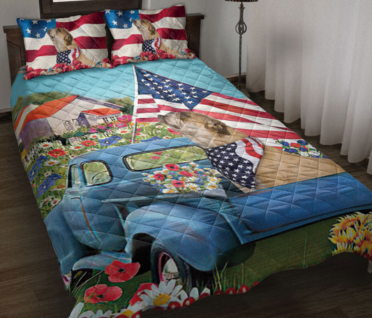 Bulldog Quilt Set, Bulldog In Car Patriotic Dog Us Flag Flower Spring Country Road Quilt Blanket With Pillowcases, Quilt Bedding Set