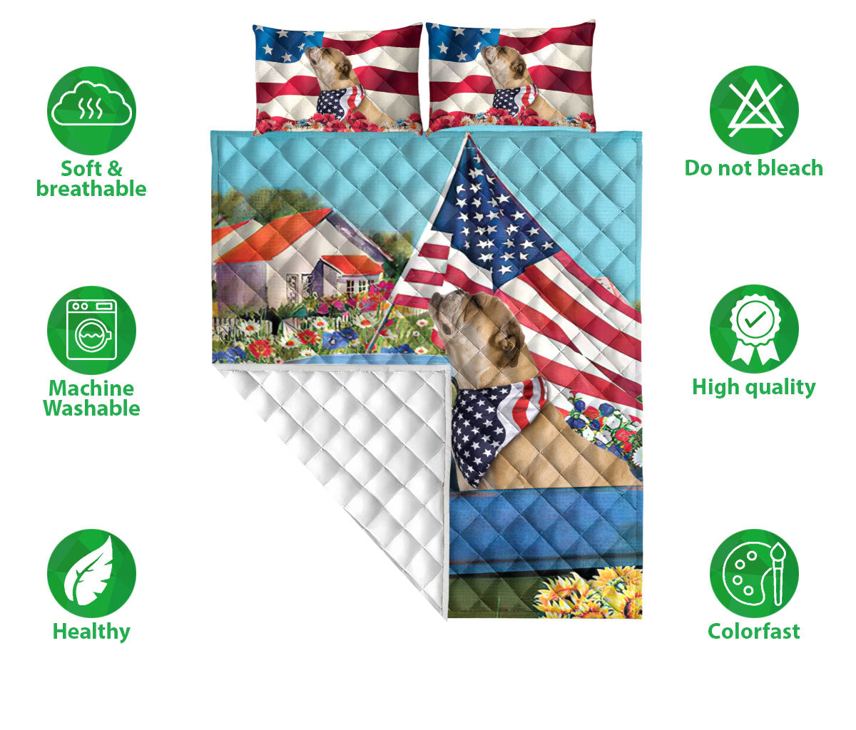Bulldog Quilt Set, Bulldog In Car Patriotic Dog Us Flag Flower Spring Country Road Quilt Blanket With Pillowcases, Quilt Bedding Set