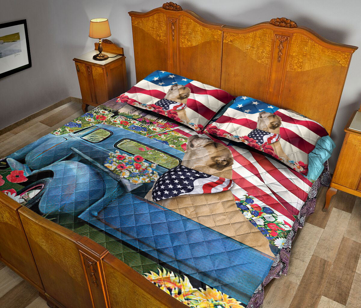 Bulldog Quilt Set, Bulldog In Car Patriotic Dog Us Flag Flower Spring Country Road Quilt Blanket With Pillowcases, Quilt Bedding Set