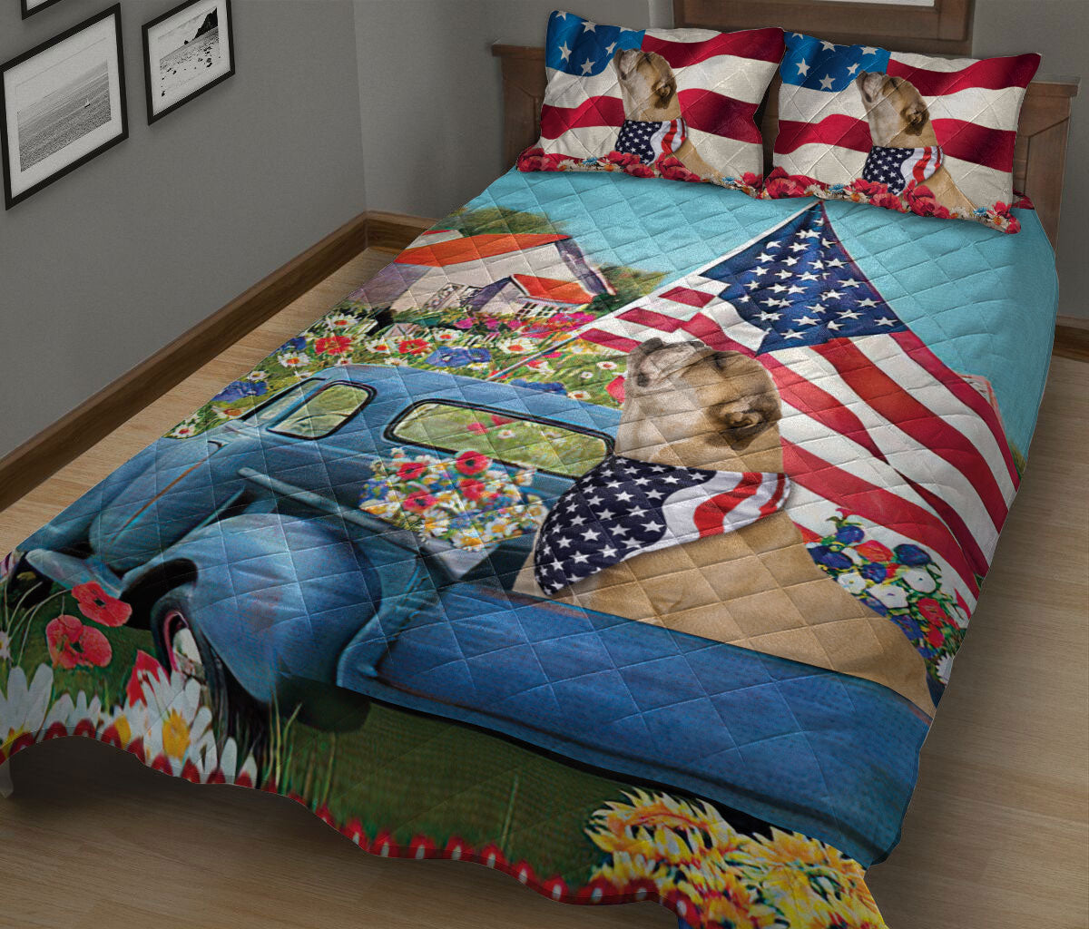 Bulldog Quilt Set, Bulldog In Car Patriotic Dog Us Flag Flower Spring Country Road Quilt Blanket With Pillowcases, Quilt Bedding Set