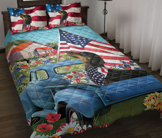 Dachshund Quilt Set, Dachshund Car Patriotic Dog Us Flag Flower Spring Country Road Quilt Blanket With Pillowcases, Quilt Bedding Set