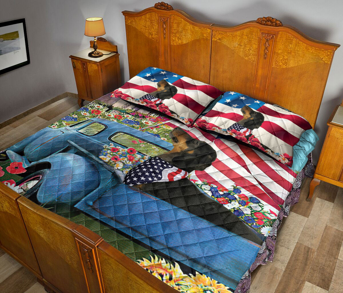 Dachshund Quilt Set, Dachshund Car Patriotic Dog Us Flag Flower Spring Country Road Quilt Blanket With Pillowcases, Quilt Bedding Set